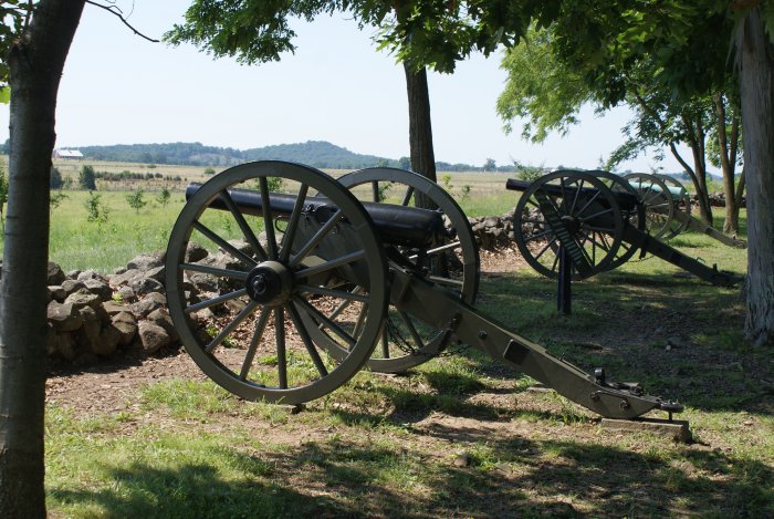 Scene at Gettysburg, with Big Round Top and Little Round Top in the background