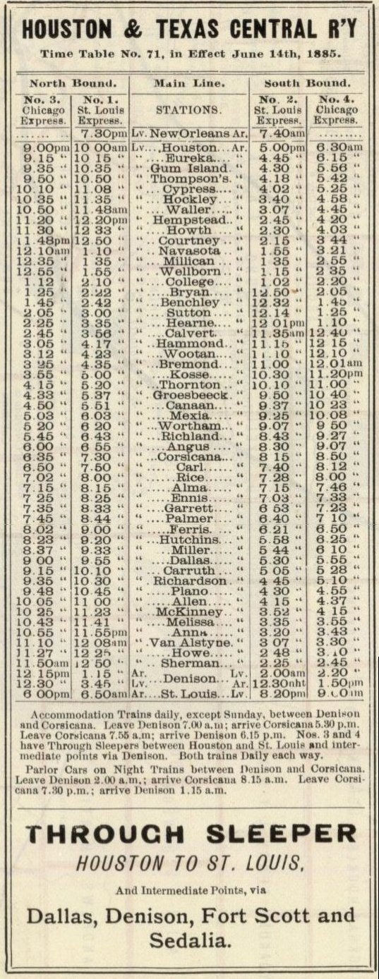 H & T C 1885 Timetable