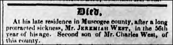 Jeremiah West death notice in the Columbus Enquirer