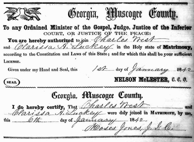 Marriage record of Charles West and Clarissa Luckey