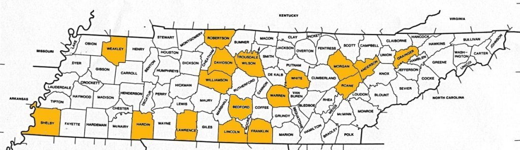 1830 TN Map showing counties where Miles families lived