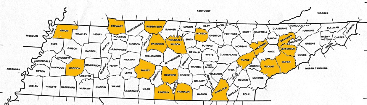 1850 TN Map showing counties where Miles families lived