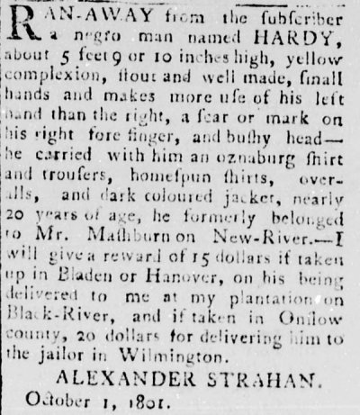 Wilmington Gazette, 1801 runaway slave ad