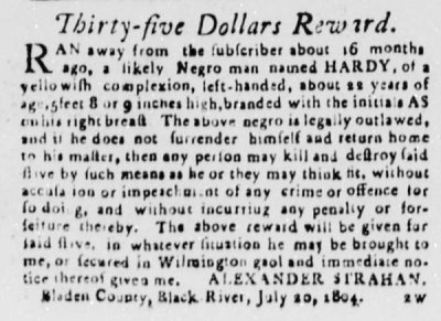 Wilmington Gazette, Runaway Slave ad, 1804