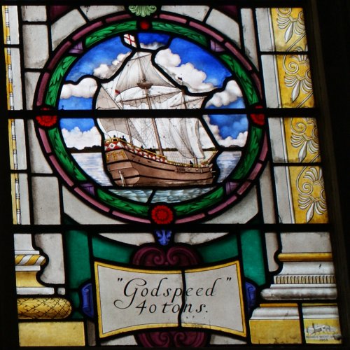Stained glass window featuring the Godspeed, St. Sepulchre's Church, London, England