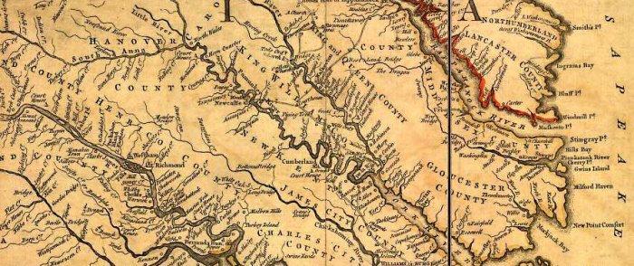 Portion of 1751 Map of Virginia, showing location of King William County