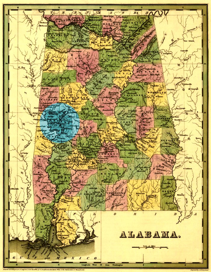 1838 Map of Alabama showing location of Greene County