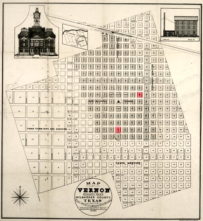 Early map of Vernon, Texas showing the blocks where the Tates owned property