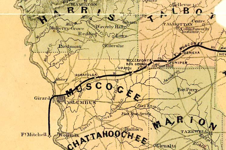 Map of Muscogee and Harris counties in Georgiam circa 1864