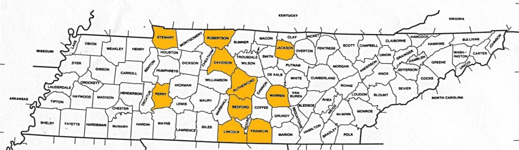 1820 TN Map showing counties where Miles families lived