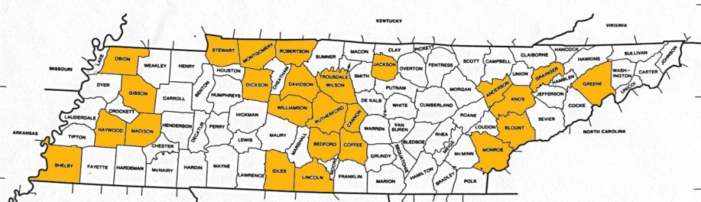 1820 TN Map showing counties where Miles families lived