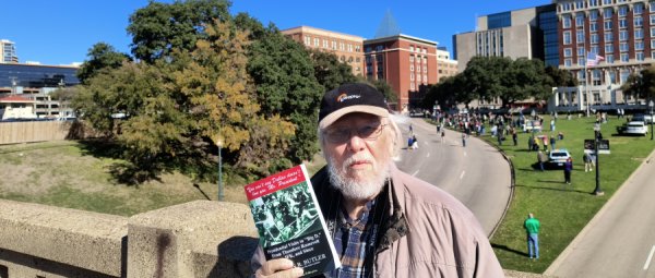 Author Steven Butler on bridge overlooking Dealey Plaza