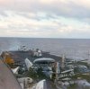 View of Yorktown flight deck from Buzzards' Nest, at sea, Fall 1969